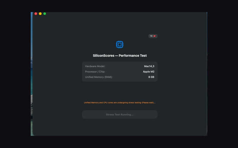 SiliconScores Mac uygulamasının hız testi ekranı